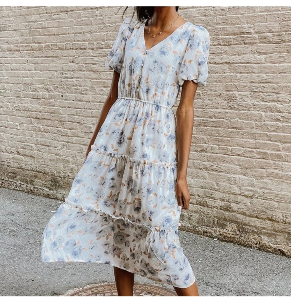 Moon River Floral Midi Dress in Cream and Blue